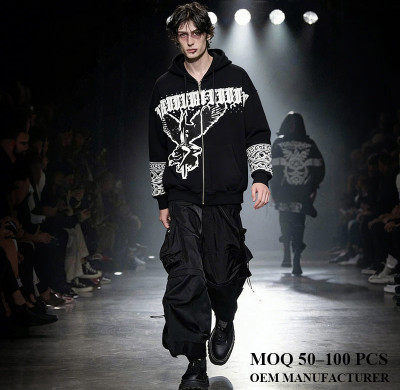 Custom Embroidered Hoodie Manufacturer | Vintage Style with DTG Print & Rhinestone | Custom Streetwear Clothing Supplier