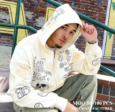 Custom Hoodie Manufacturers | Varsity Letter Graffiti Pullover with Tattoo Fonts | Zip Up Hoodie Factory