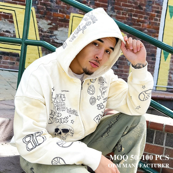Custom Hoodie Manufacturers | Varsity Letter Graffiti Pullover with Tattoo Fonts | Zip Up Hoodie Factory