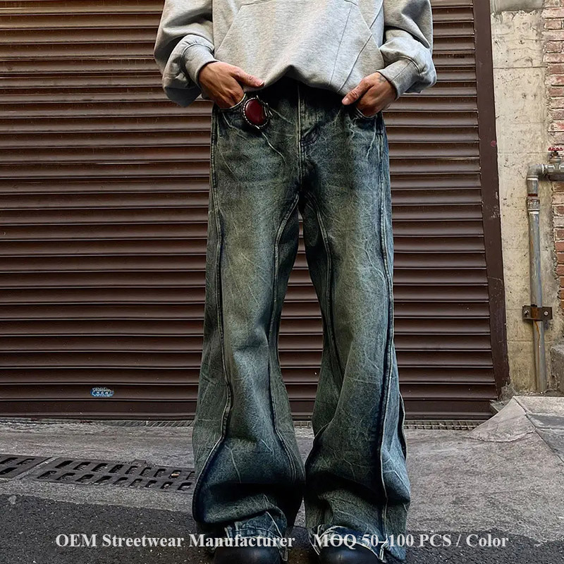 custom streetwear denim manufacturer with vintage washing fading distressing and hardware