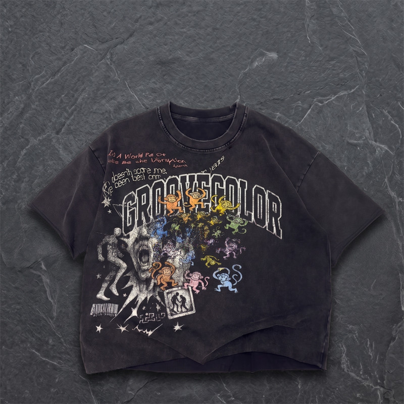 Oversized black streetwear t-shirt with large DTG print and cracked effect by Groovecolor.
