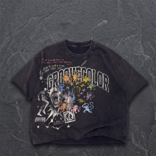 Custom Vintage Streetwear Tee Manufacturer | Oversized Black DTG T-Shirt with Cracked Print | Groovecolor
