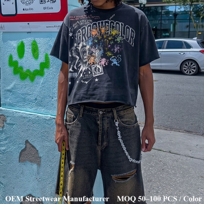 Custom Vintage Streetwear Tee Manufacturer | Oversized Black DTG T-Shirt with Cracked Print | Groovecolor