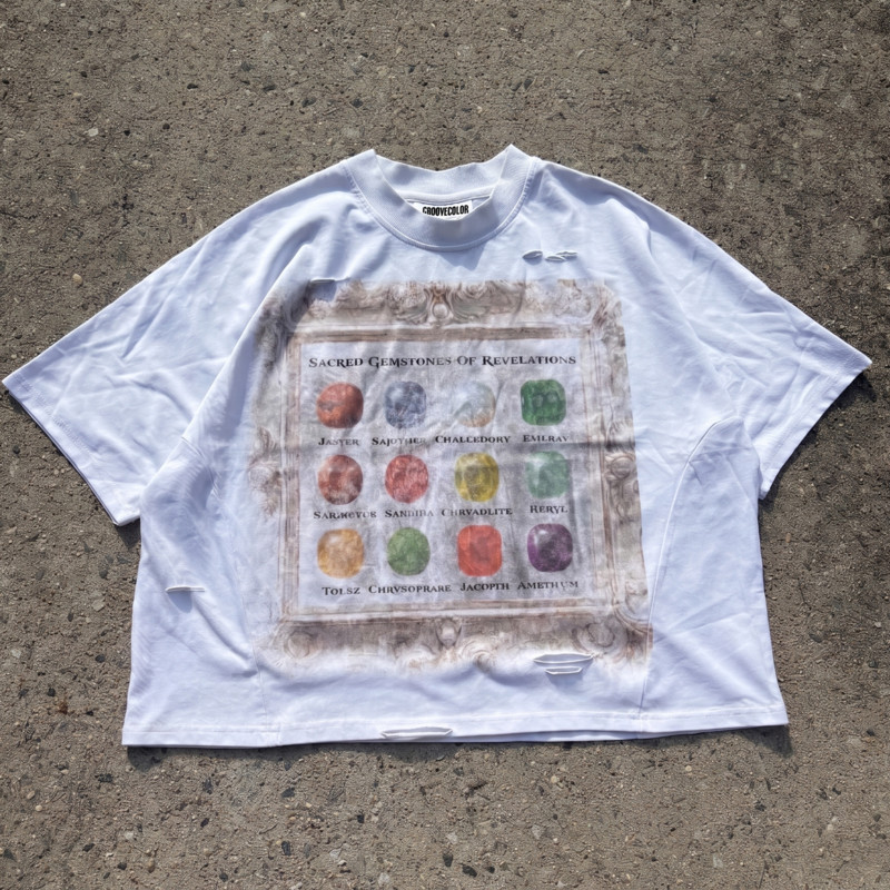 Full front view of a custom white streetwear t-shirt with a large DTG print and unique side panel construction, manufactured by a premium OEM Manufacturer 