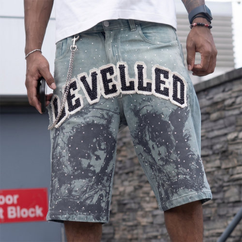 Custom Denim Shorts Manufacturer | Premium Streetwear Rhinestone Shorts with Applique & Chain Detailing | Groovecolor