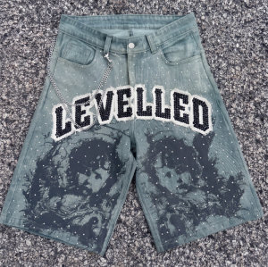Custom Denim Shorts Manufacturer | Premium Streetwear Rhinestone Shorts with Applique & Chain Detailing | Groovecolor