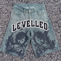 Custom Denim Shorts Manufacturer | Premium Streetwear Rhinestone Shorts with Applique & Chain Detailing | Groovecolor