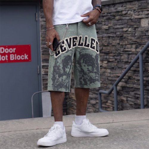 Custom Denim Shorts Manufacturer | Premium Streetwear Rhinestone Shorts with Applique & Chain Detailing | Groovecolor
