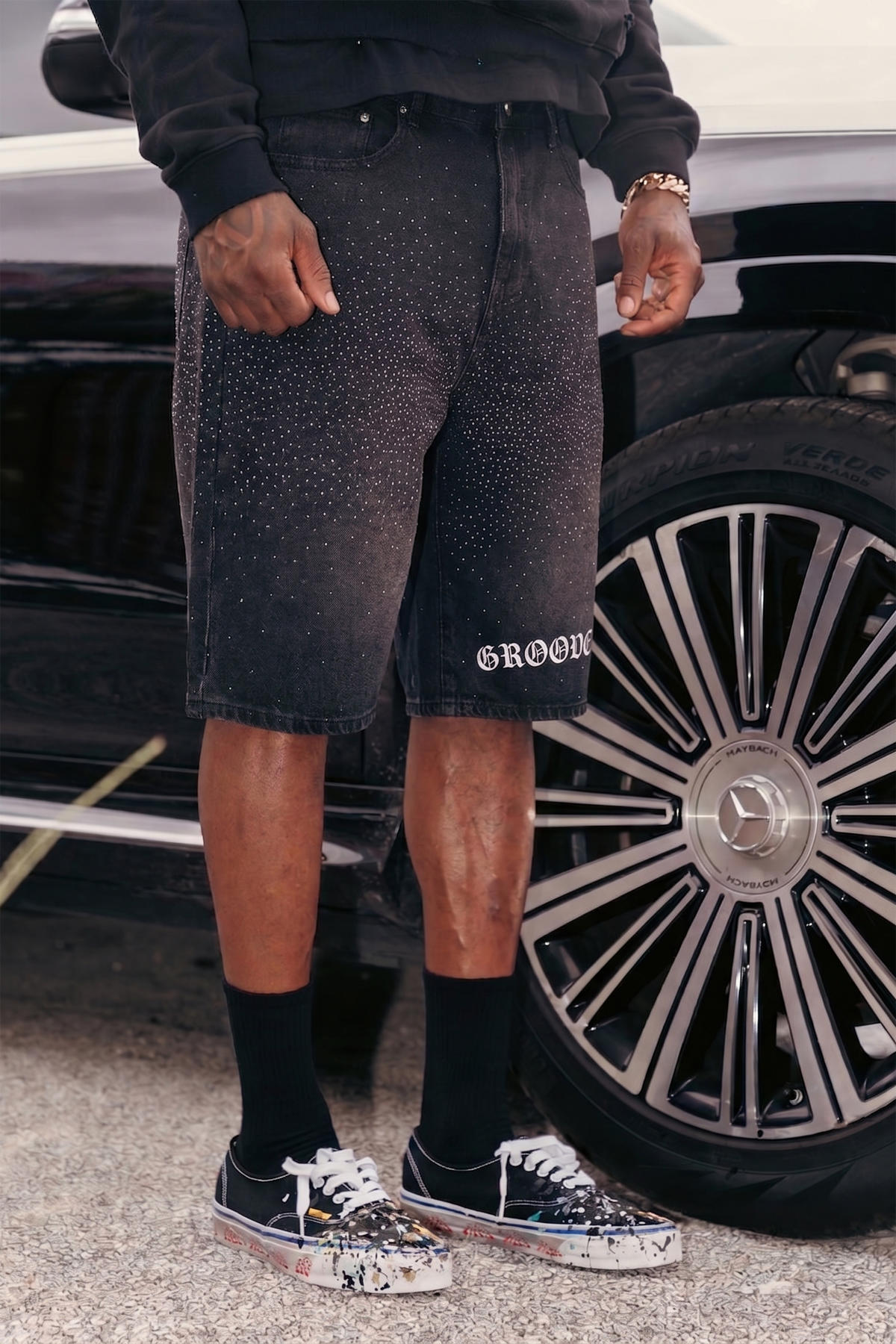 High-end custom shorts combining dense rhinestones and vintage wash by Groovecolor.