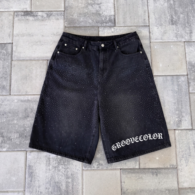 Custom streetwear shorts with gradient density rhinestone application by Groovecolor.