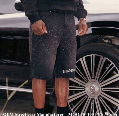 Custom Vintage Shorts Streetwear Manufacturer | Premium Rhinestone & Wash Denim Shorts Manufacturer | Groovecolor
