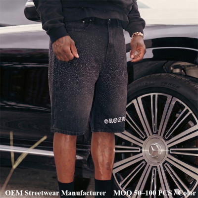 Custom Vintage Shorts Streetwear Manufacturer | Premium Rhinestone & Wash Denim Shorts Manufacturer | Groovecolor