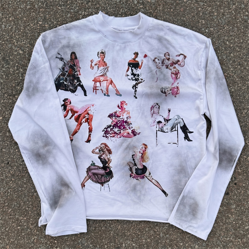White long sleeve streetwear t-shirt featuring 8 front DTG printed graphics by Groovecolor.