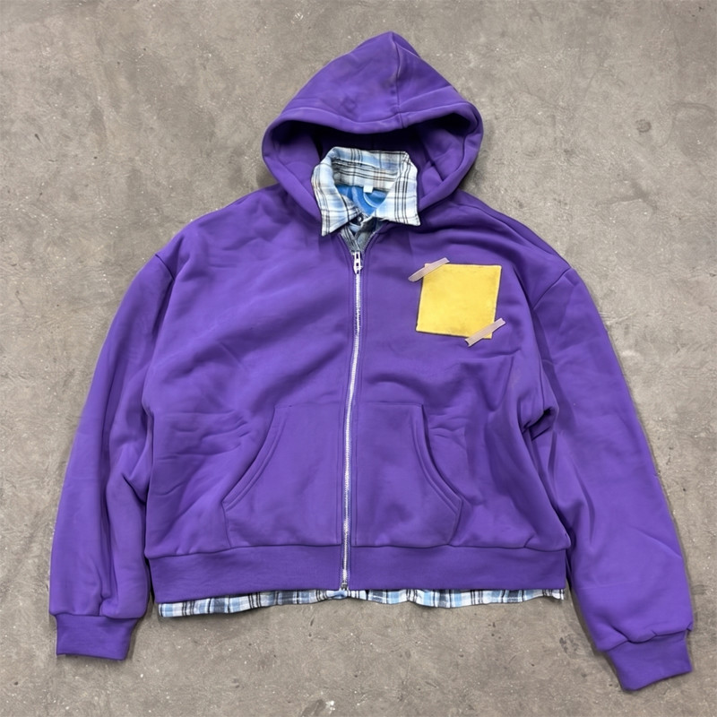 Purple heavyweight zip up hoodie featuring layered plaid shirt construction by Groovecolor.