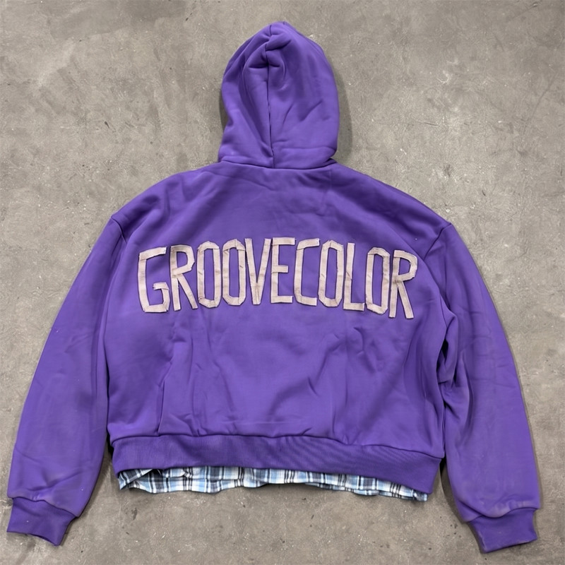 Open zip hoodie revealing warm satin interior lining over plaid flannel by Groovecolor.