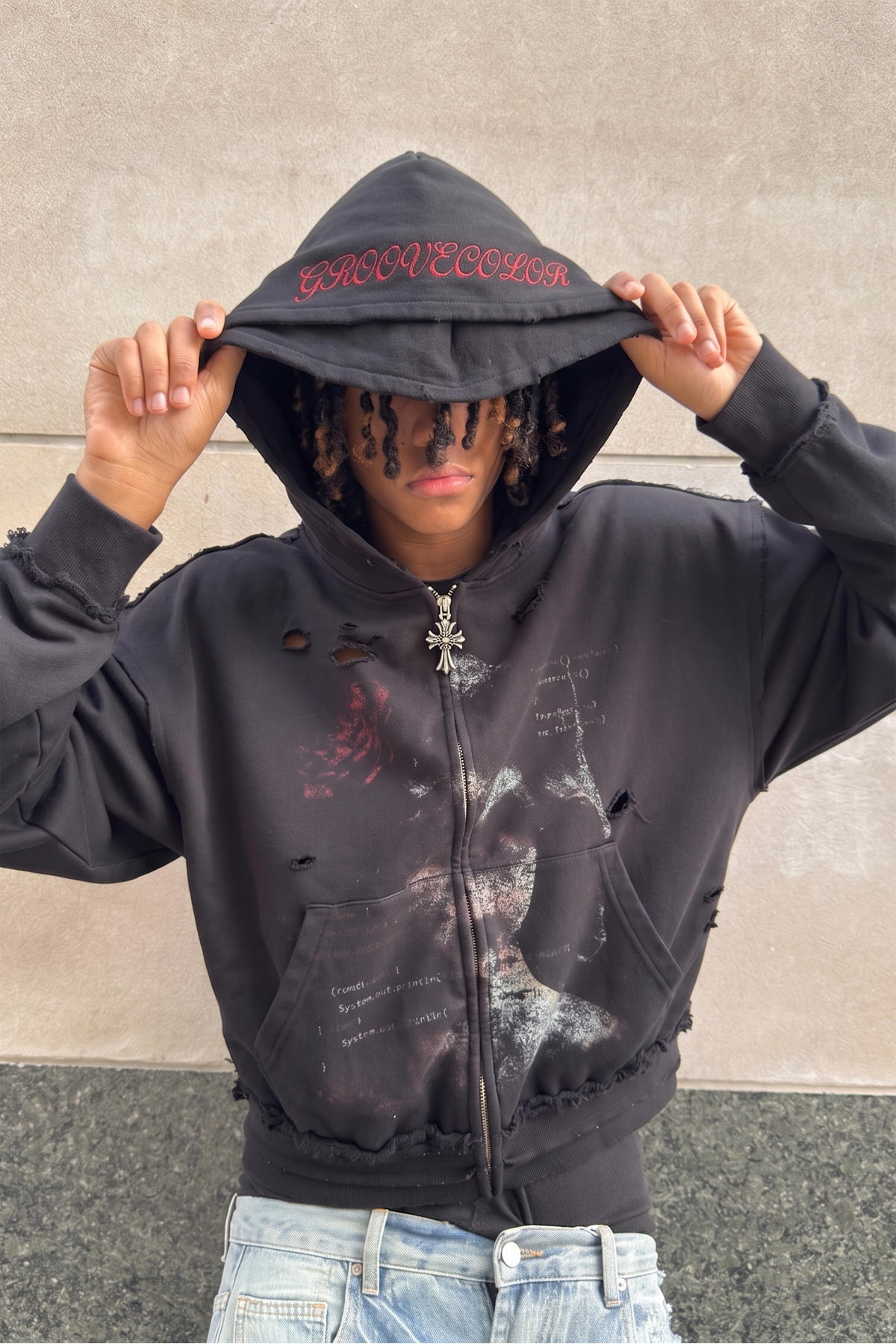 Hood brim detailing featuring high-density flat embroidery by Groovecolor.