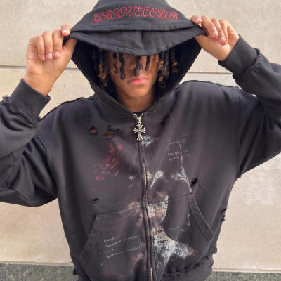 Distressed cracked print double hood hoodie with embroidery