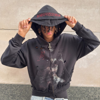 Custom Distressed Hoodie Manufacturer | Oversized DTG Cracked Print & Double Hood Streetwear Hoodies With Embroidery | Groovecolor