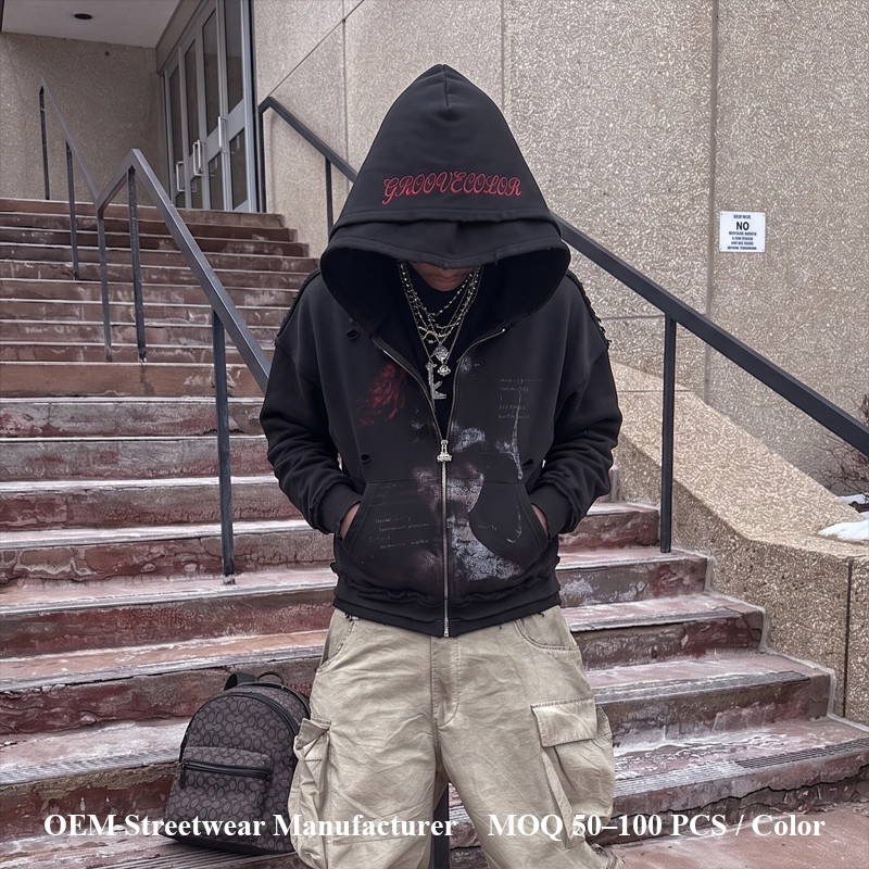 custom heavyweight streetwear hoodie manufacturer with oversized fit and wash effects