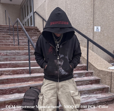 Custom Distressed Hoodie Manufacturer | Oversized DTG Cracked Print & Double Hood Streetwear Hoodies With Embroidery | Groovecolor