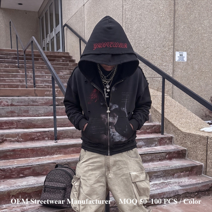 Custom Distressed Hoodie Manufacturer | Oversized DTG Cracked Print & Double Hood Streetwear Hoodies With Embroidery | Groovecolor
