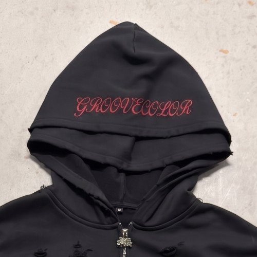 Custom Distressed Hoodie Manufacturer | Oversized DTG Cracked Print & Double Hood Streetwear Hoodies With Embroidery | Groovecolor