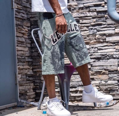 Custom Denim Shorts Manufacturer | Premium Streetwear Rhinestone Shorts with Applique & Chain Detailing | Groovecolor