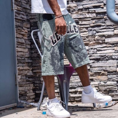 Custom Denim Shorts Manufacturer | Premium Streetwear Rhinestone Shorts with Applique & Chain Detailing | Groovecolor