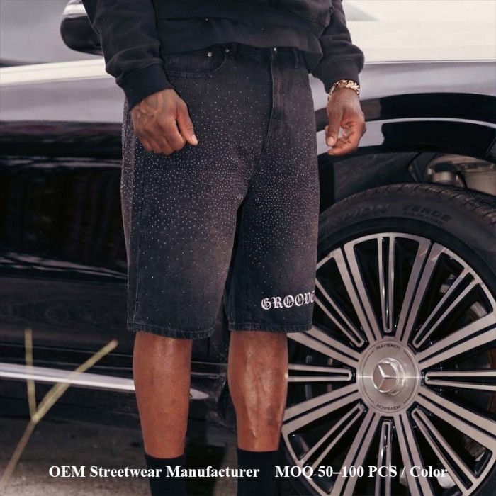 Custom Vintage Shorts Streetwear Manufacturer | Premium Rhinestone &  Wash Denim Shorts Manufacturer | Groovecolor
