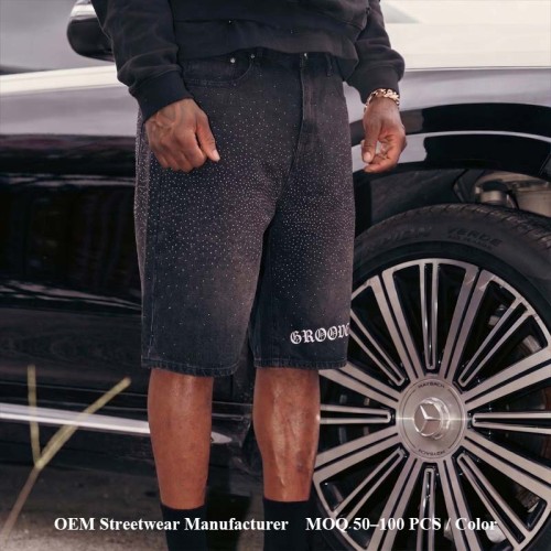 Custom Vintage Shorts Streetwear Manufacturer | Premium Rhinestone &  Wash Denim Shorts Manufacturer | Groovecolor