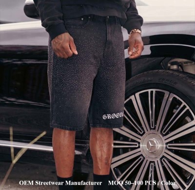 Custom Vintage Shorts Streetwear Manufacturer | Premium Rhinestone & Wash Denim Shorts Manufacturer | Groovecolor