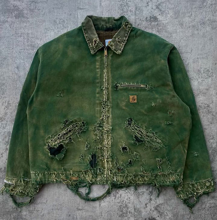 Distressed embroidery jacket production review at an OEM streetwear factory in Dongguan, China