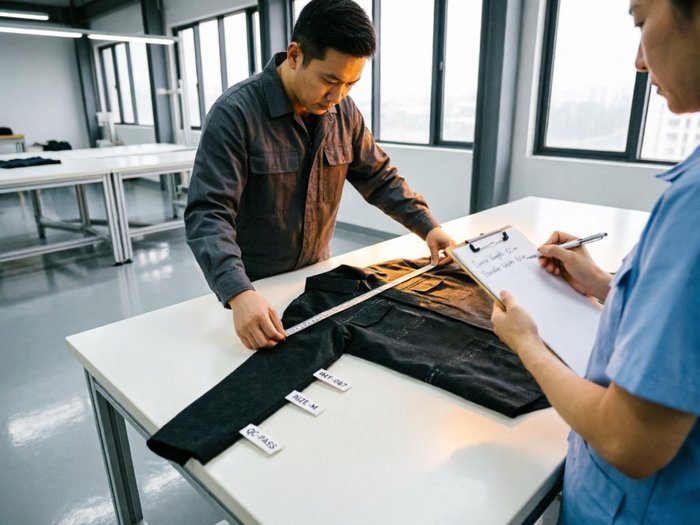 Dongguan OEM shorts quality control team measuring streetwear samples for repeatable bulk production