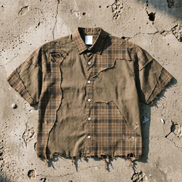 Plaid patchwork oversized streetwear shirt with vintage distressed wash OEM manufacturer GROOVECOLOR