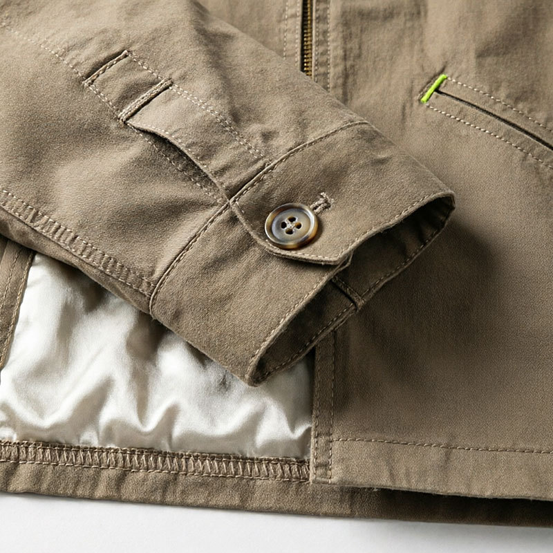 Close-up screen print graphic and zipper detail vintage casual jacket cotton fabric GROOVECOLOR streetwear manufacturer