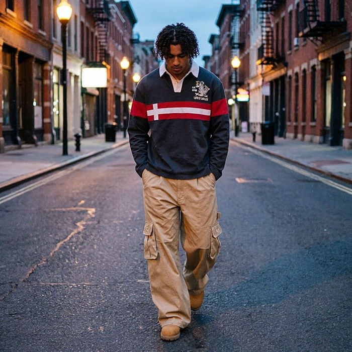 Rugby collar cotton long sleeve T-shirt panel construction and sleeve view GROOVECOLOR