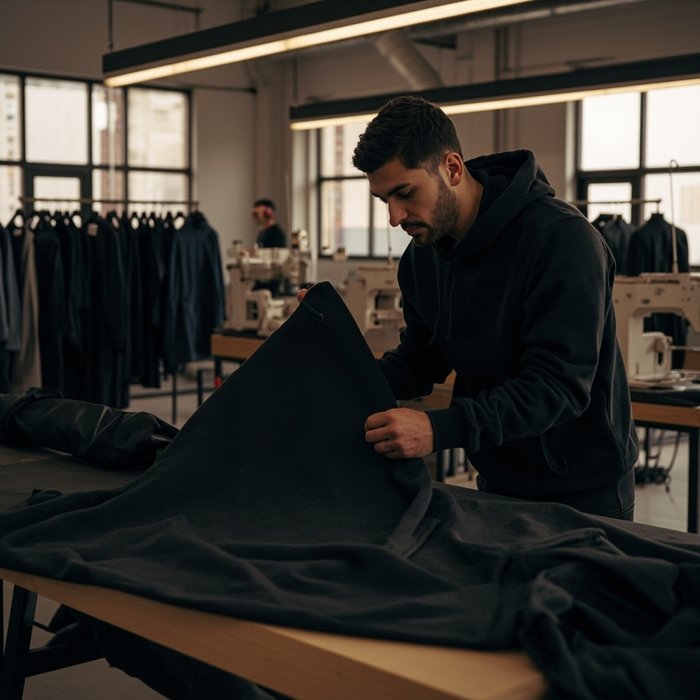 Approved streetwear sample moving into bulk clothing production in Dongguan China