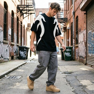Men's Graphic T-Shirt Manufacturer | Custom Oversized Flame Applique Tee for Streetwear Brands