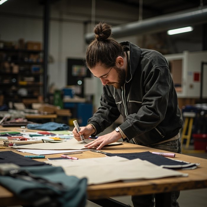 Streetwear factory inspector examining heavyweight cotton fabric swatches with color charts and measurement tools on a worktable