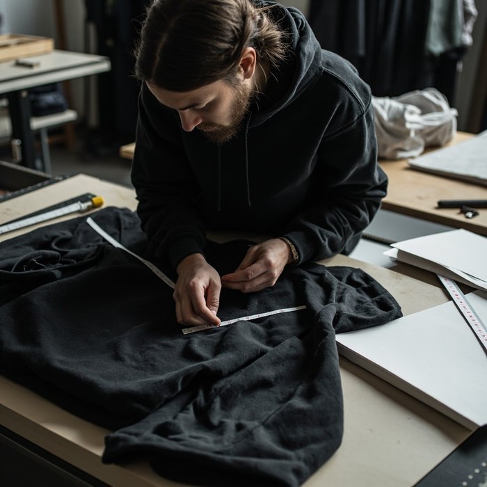 Pattern maker measuring an oversized black streetwear hoodie flat on a cutting table with measurement tape