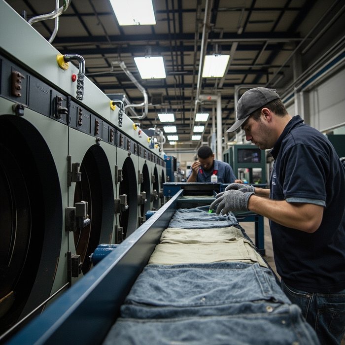 Garment wash facility with industrial washing machines and workers inspecting washed denim samples