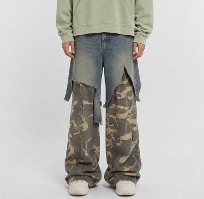 Plus Size Denim Pants Manufacturer | Camo Patchwork Baggy Cargo Jeans OEM Factory | GROOVECOLOR