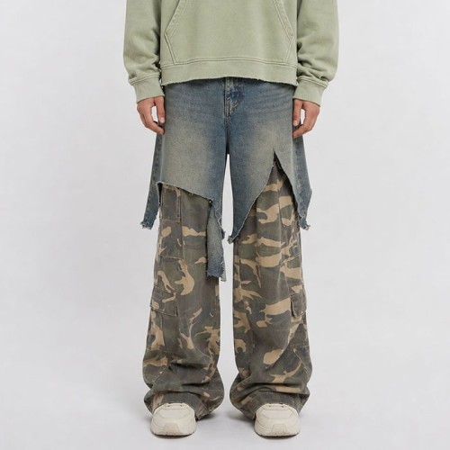 Plus Size Denim Pants Manufacturer | Camo Patchwork Baggy Cargo Jeans OEM Factory | GROOVECOLOR