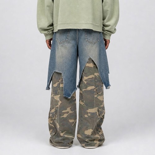 Plus Size Denim Pants Manufacturer | Camo Patchwork Baggy Cargo Jeans OEM Factory | GROOVECOLOR