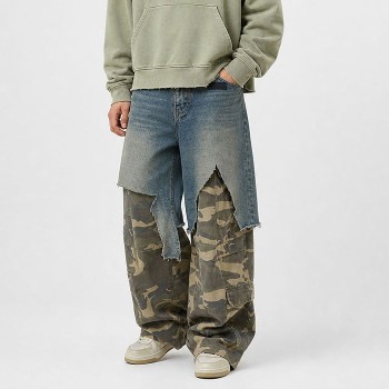 Plus Size Denim Pants Manufacturer | Camo Patchwork Baggy Cargo Jeans OEM Factory | GROOVECOLOR