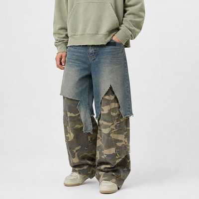 Plus Size Denim Pants Manufacturer | Camo Patchwork Baggy Cargo Jeans OEM Factory | GROOVECOLOR