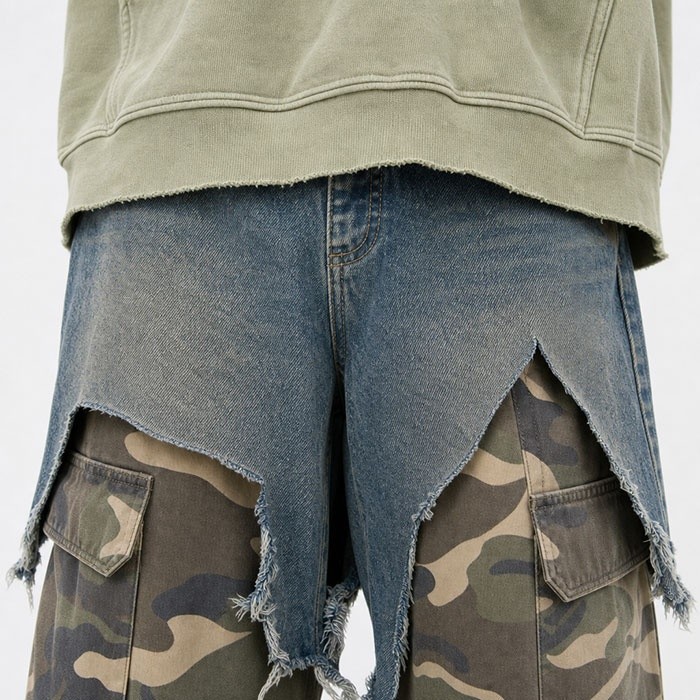 Layered camo patchwork baggy jeans GROOVECOLOR plus size denim pants manufacturer