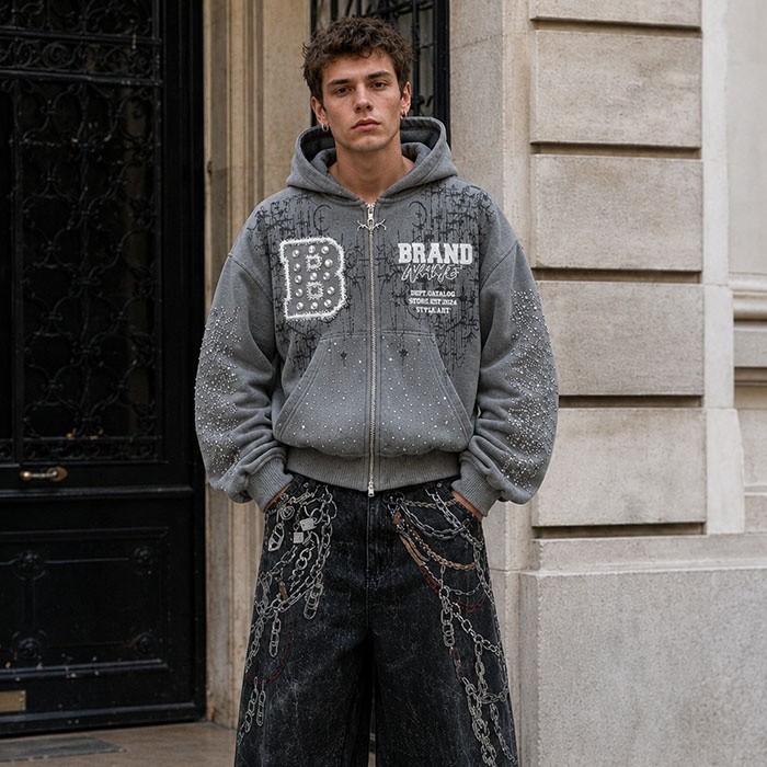 Heavyweight Hoodie Manufacturer | Vintage Rhinestone Zip Hoodie OEM Factory | GROOVECOLOR