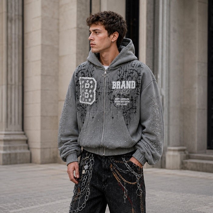Heavyweight hoodie manufacturer grey zip French terry rhinestone hoodie