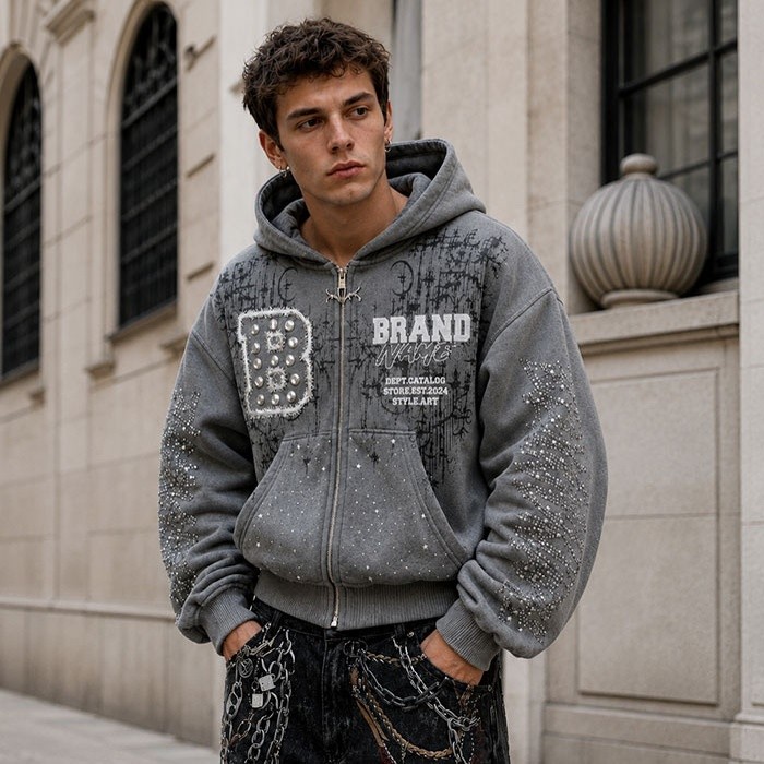 Custom heavyweight hoodie manufacturer rhinestone sleeve decoration